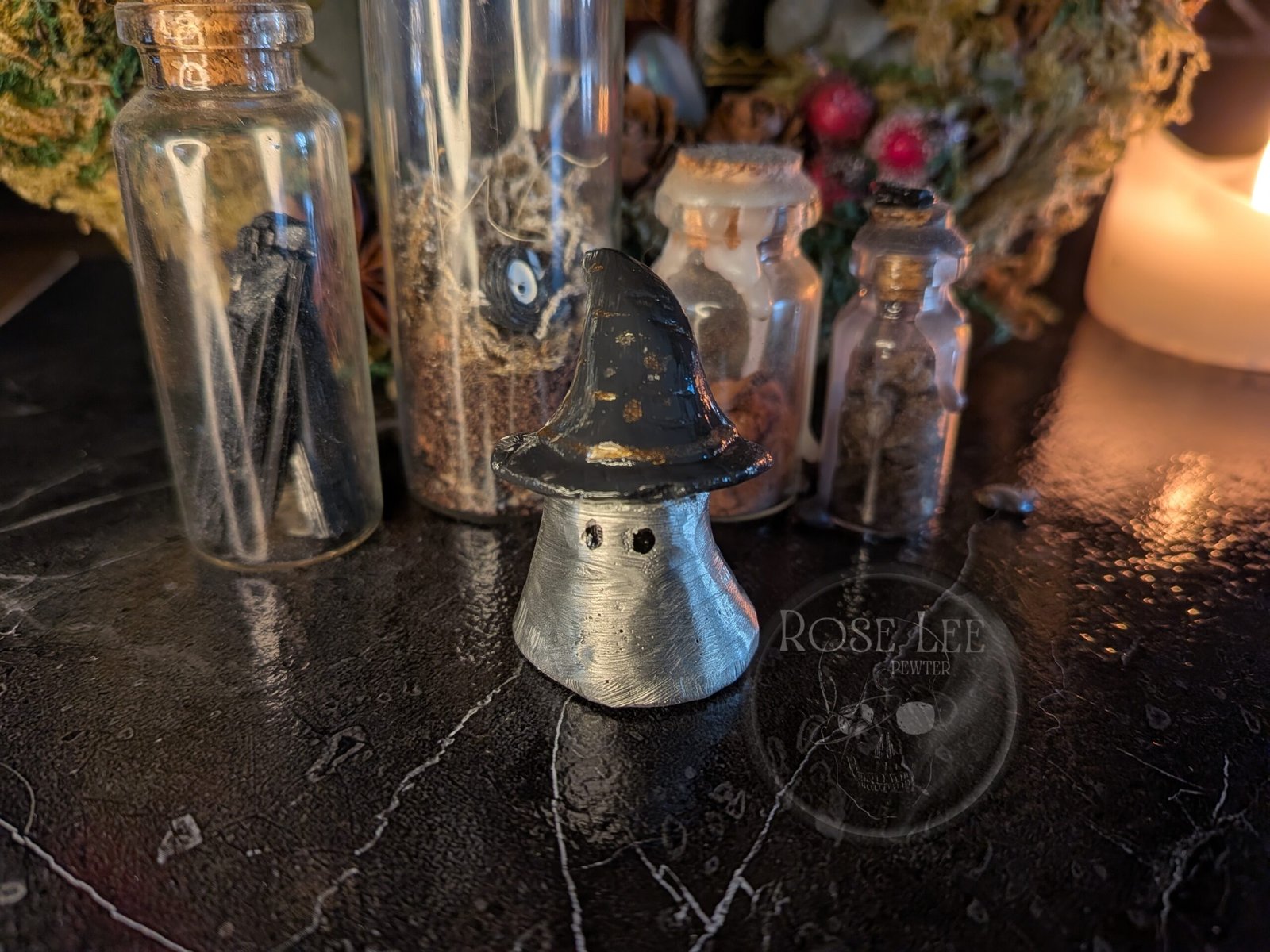 Pewter ghost miniature with witch hat